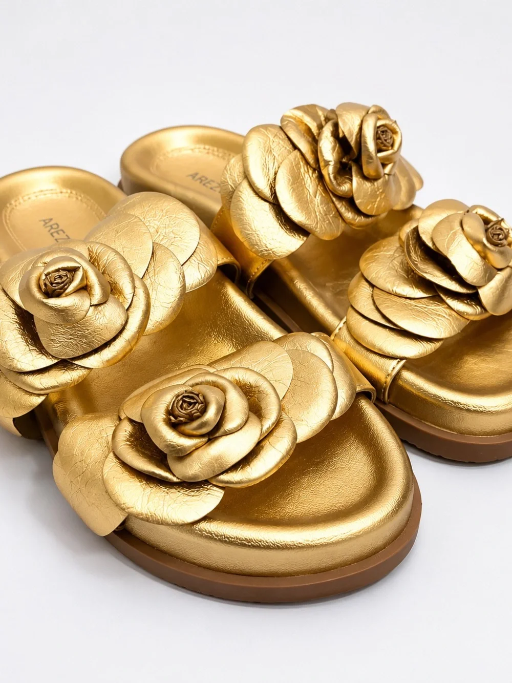 Arezzo Gold Floral Slide Sandals Metallic Rosette Platform Slides Size 6.5